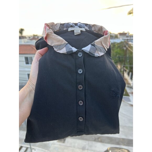 Burberry Brit black long slv puff slv plaid collar henley polo L designer preppy - Picture 2 of 10